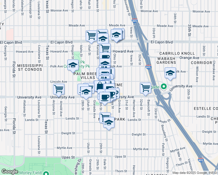 map of restaurants, bars, coffee shops, grocery stores, and more near 2922 University Avenue in San Diego