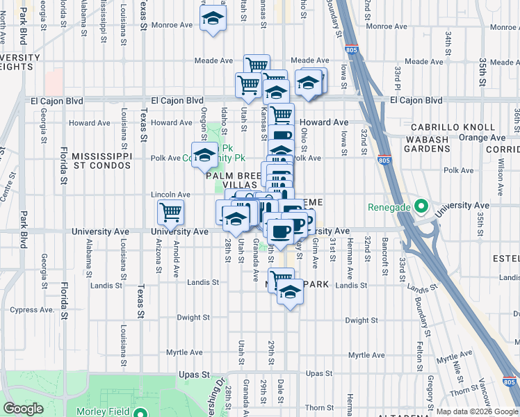map of restaurants, bars, coffee shops, grocery stores, and more near 3953 Utah Street in San Diego