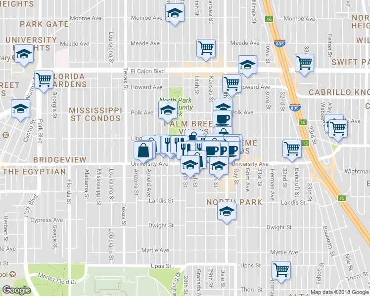 map of restaurants, bars, coffee shops, grocery stores, and more near 3951 Idaho Street in San Diego