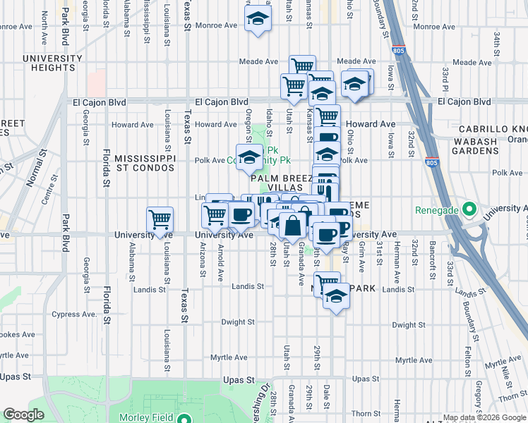 map of restaurants, bars, coffee shops, grocery stores, and more near 3951 Idaho Street in San Diego