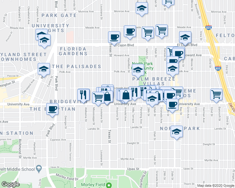 map of restaurants, bars, coffee shops, grocery stores, and more near 3952 Arizona Street in San Diego