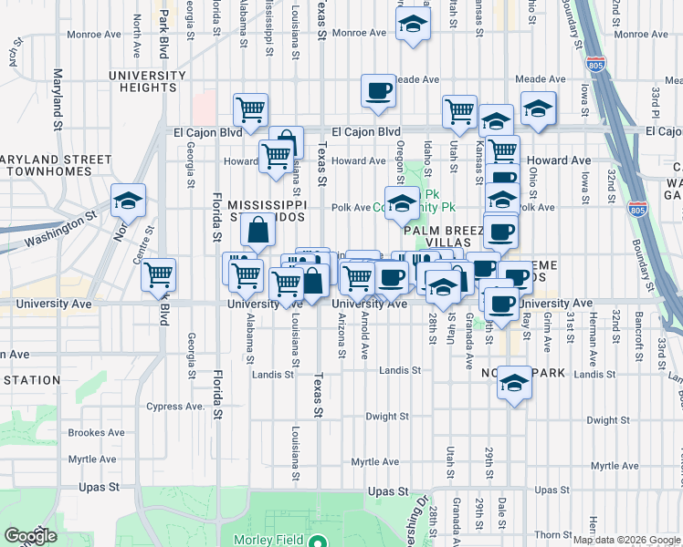 map of restaurants, bars, coffee shops, grocery stores, and more near 3960 Arizona Street in San Diego