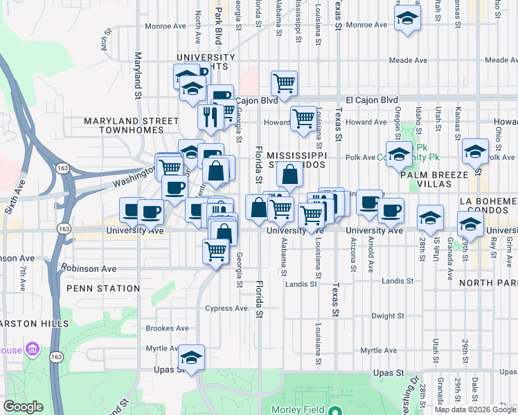 map of restaurants, bars, coffee shops, grocery stores, and more near 3948 Florida Street in San Diego