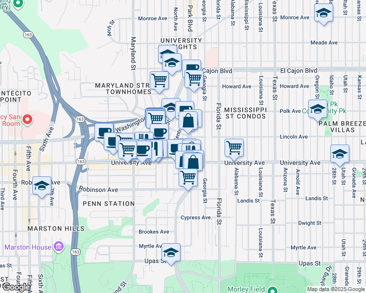 map of restaurants, bars, coffee shops, grocery stores, and more near 3952 Park Boulevard in San Diego