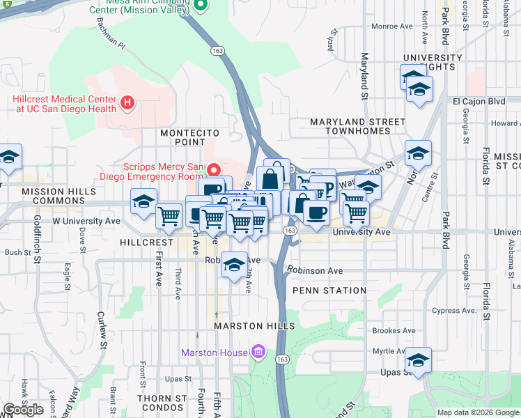map of restaurants, bars, coffee shops, grocery stores, and more near in San Diego