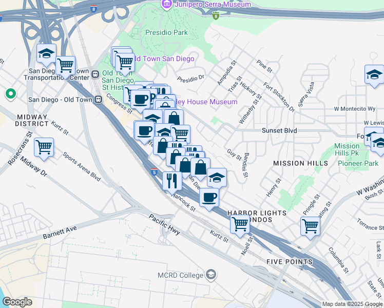 map of restaurants, bars, coffee shops, grocery stores, and more near 2250-2296 Congress Street in San Diego
