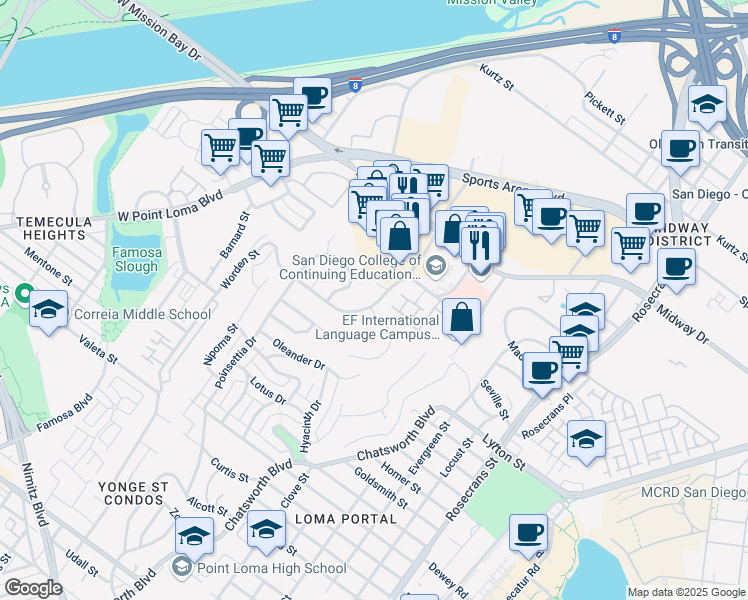 map of restaurants, bars, coffee shops, grocery stores, and more near 3133 Kemper Street in San Diego