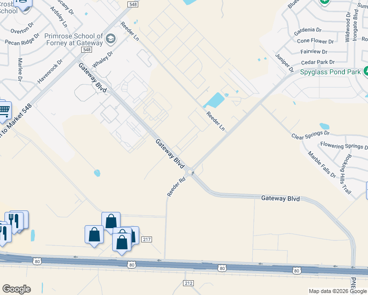 map of restaurants, bars, coffee shops, grocery stores, and more near 12868 Reeder Road in Forney
