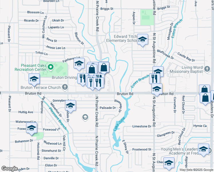 map of restaurants, bars, coffee shops, grocery stores, and more near 2150 North Prairie Creek Road in Dallas