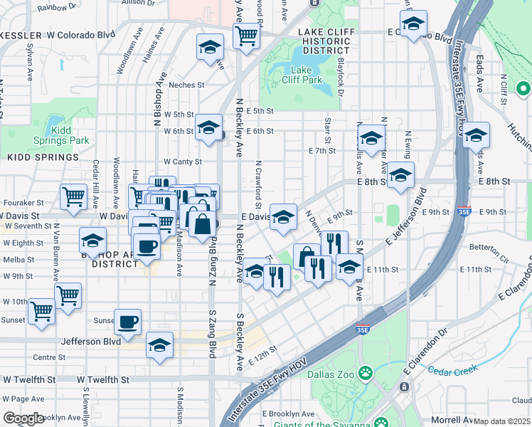 map of restaurants, bars, coffee shops, grocery stores, and more near 152 East Davis Street in Dallas