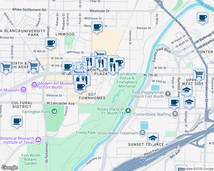 map of restaurants, bars, coffee shops, grocery stores, and more near 2500 Museum Way in Fort Worth