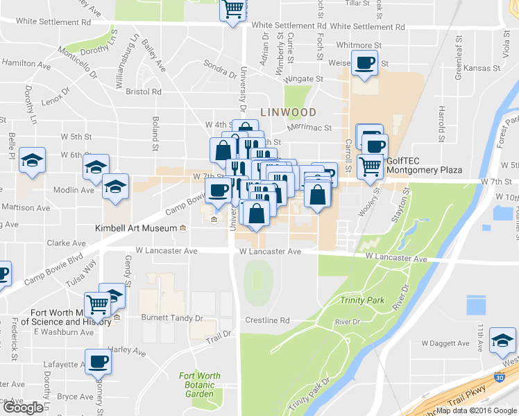 map of restaurants, bars, coffee shops, grocery stores, and more near in Fort Worth