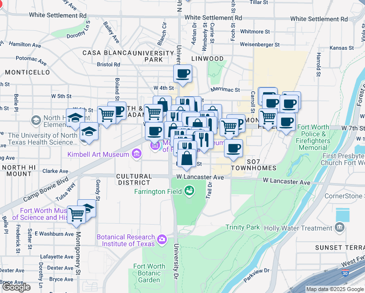 map of restaurants, bars, coffee shops, grocery stores, and more near in Fort Worth
