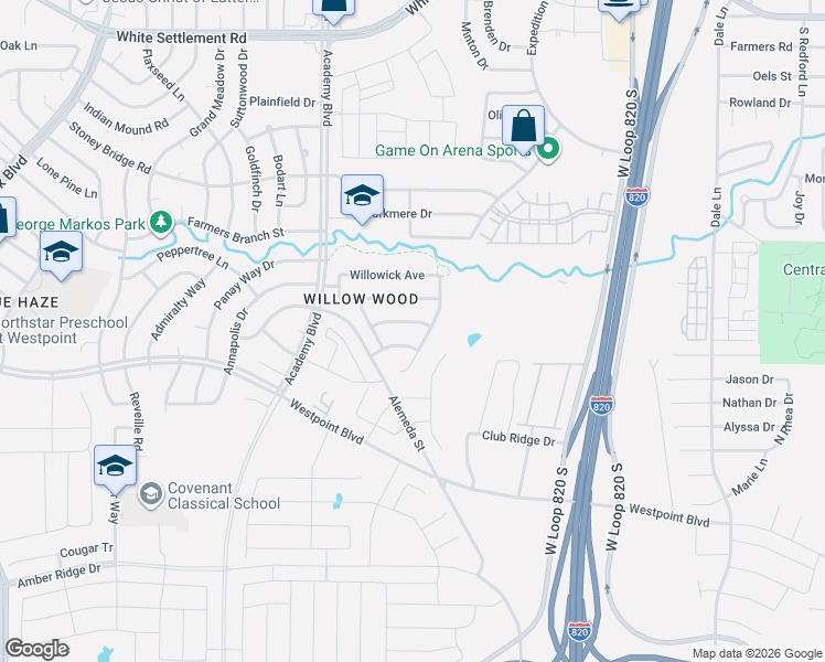 map of restaurants, bars, coffee shops, grocery stores, and more near 9812 Sterling Hill Drive in Fort Worth