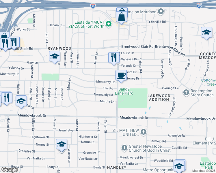 map of restaurants, bars, coffee shops, grocery stores, and more near 7325 Ellis Road in Fort Worth