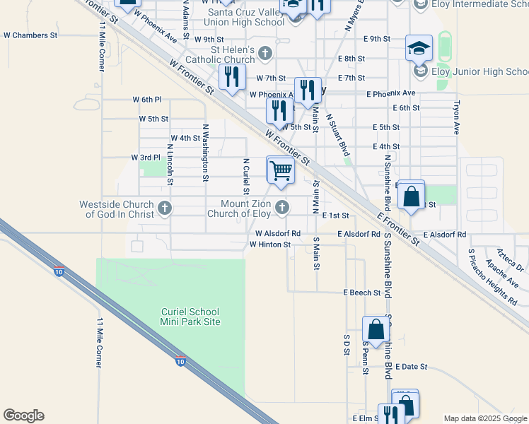 map of restaurants, bars, coffee shops, grocery stores, and more near 203 North Myers Boulevard in Eloy