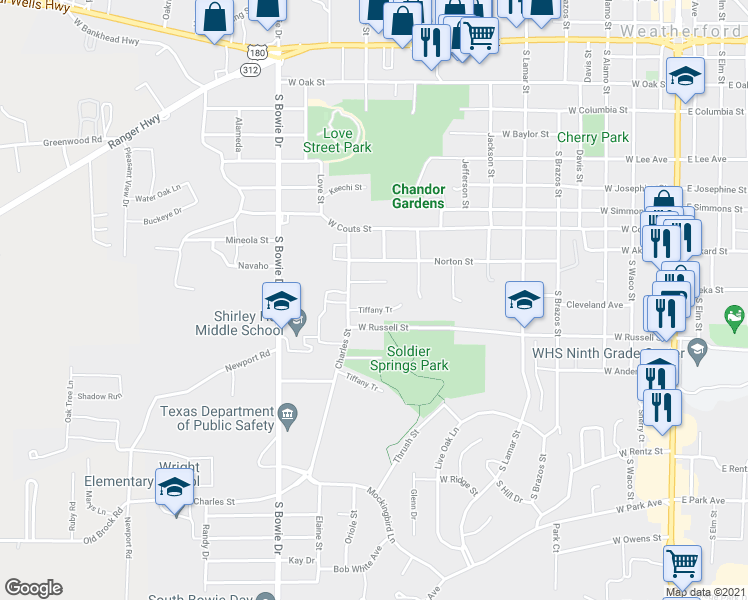 map of restaurants, bars, coffee shops, grocery stores, and more near 113 Tiffany Tr in Weatherford