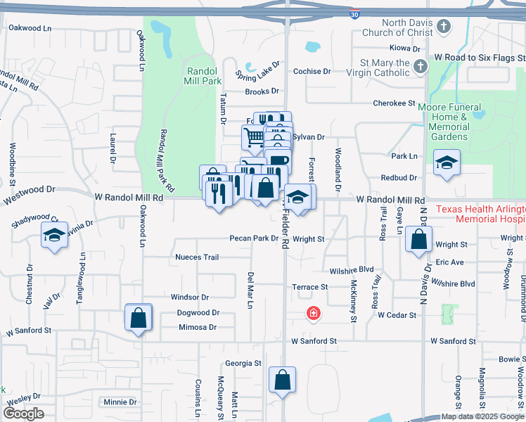 map of restaurants, bars, coffee shops, grocery stores, and more near 1618 Pecan Chase Circle in Arlington