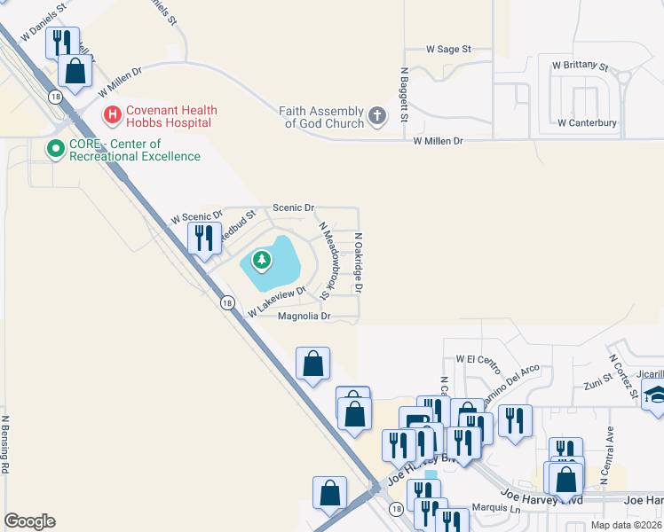 map of restaurants, bars, coffee shops, grocery stores, and more near 2200-2326 West Lakeview Drive in Hobbs