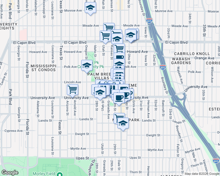 map of restaurants, bars, coffee shops, grocery stores, and more near 3953 Utah Street in San Diego