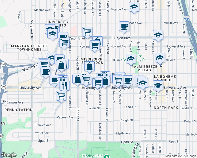 map of restaurants, bars, coffee shops, grocery stores, and more near 3948 1/2 Mississippi Street in San Diego