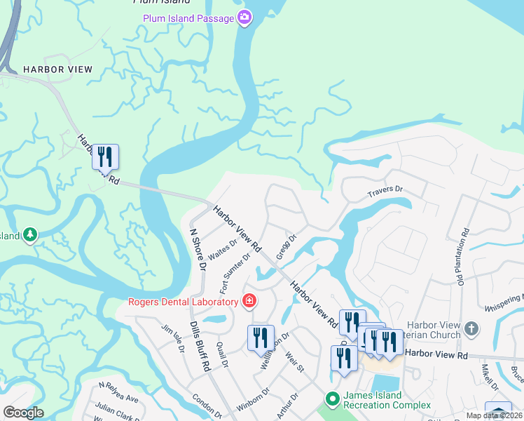 map of restaurants, bars, coffee shops, grocery stores, and more near 1095 Winslow Drive in Charleston