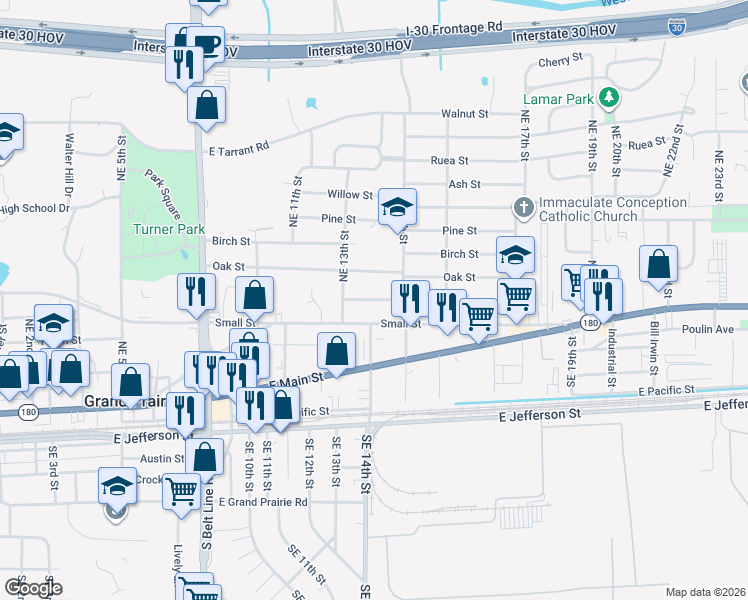map of restaurants, bars, coffee shops, grocery stores, and more near 1407 Hickory Street in Grand Prairie
