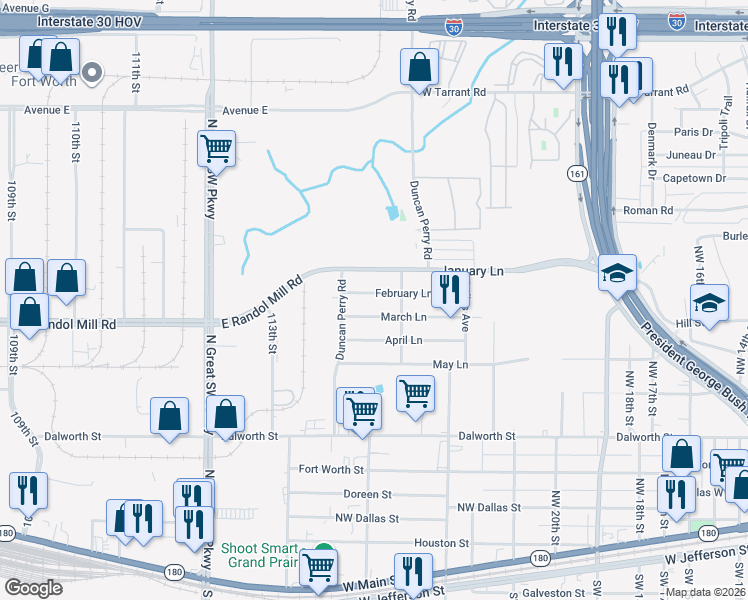map of restaurants, bars, coffee shops, grocery stores, and more near 2409 February Lane in Grand Prairie