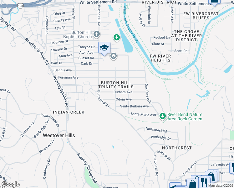 map of restaurants, bars, coffee shops, grocery stores, and more near 5525 Durham Avenue in Fort Worth