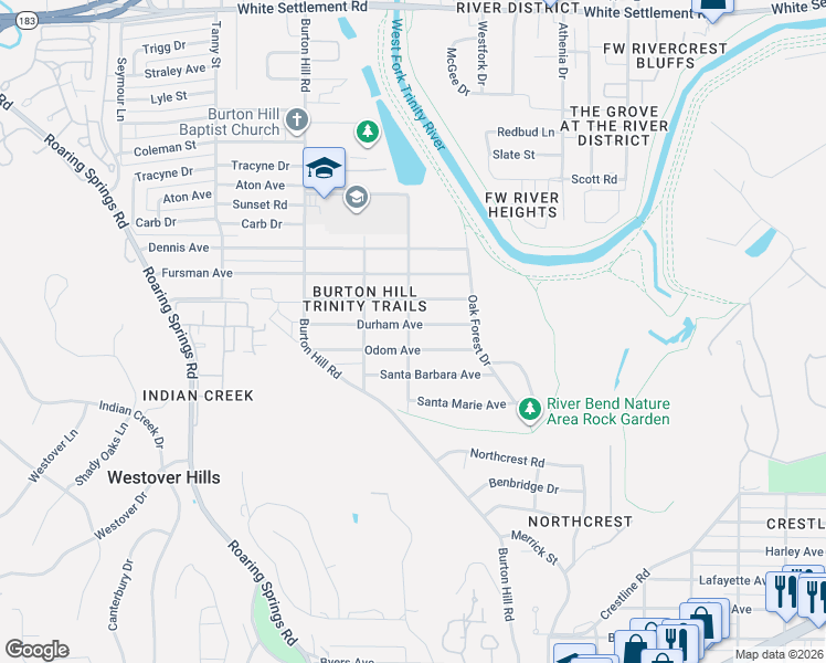 map of restaurants, bars, coffee shops, grocery stores, and more near 5445 Durham Ave in Fort Worth