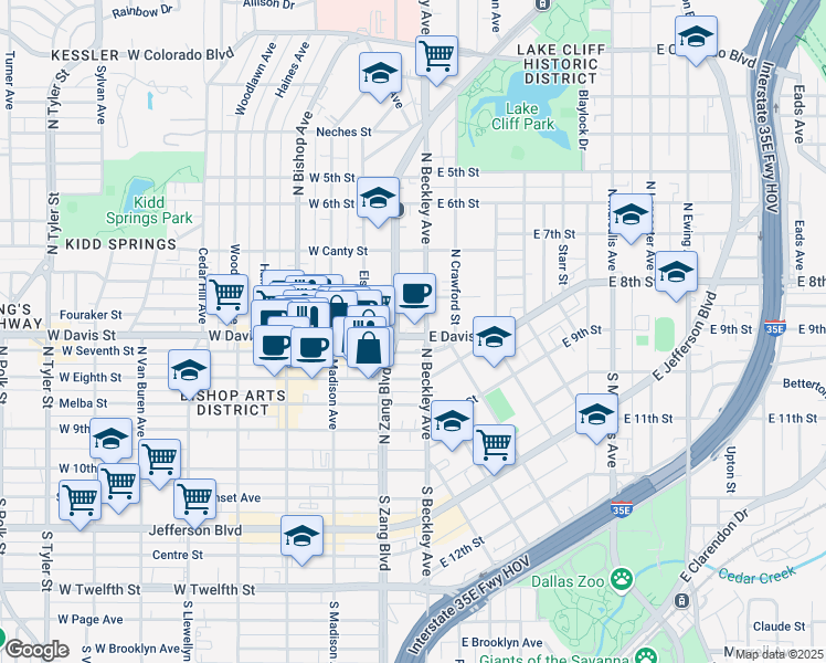 map of restaurants, bars, coffee shops, grocery stores, and more near 101 West Davis Street in Dallas