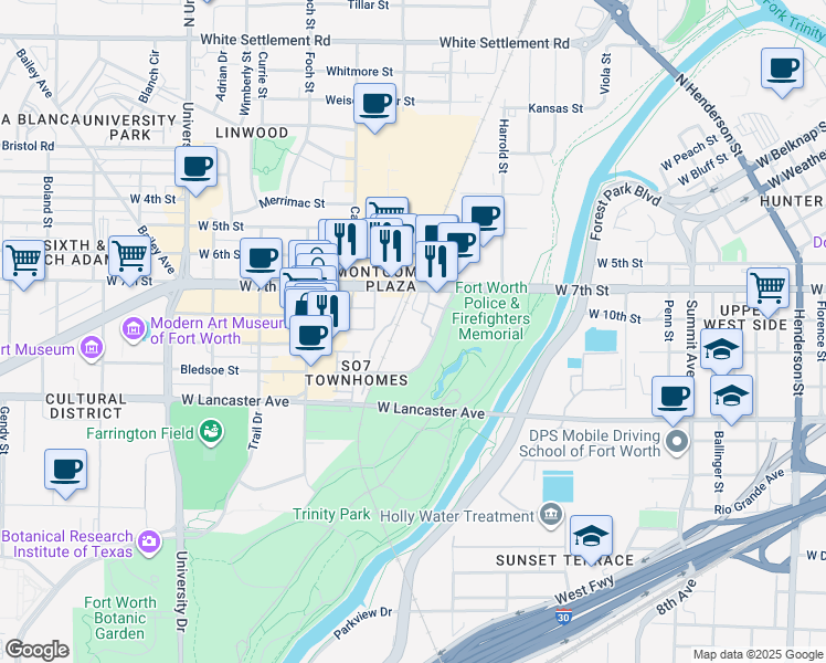 map of restaurants, bars, coffee shops, grocery stores, and more near 900 Matisse Drive in Fort Worth