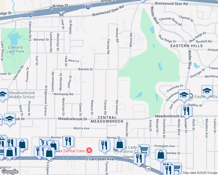 map of restaurants, bars, coffee shops, grocery stores, and more near 2027 Tierney Road in Fort Worth