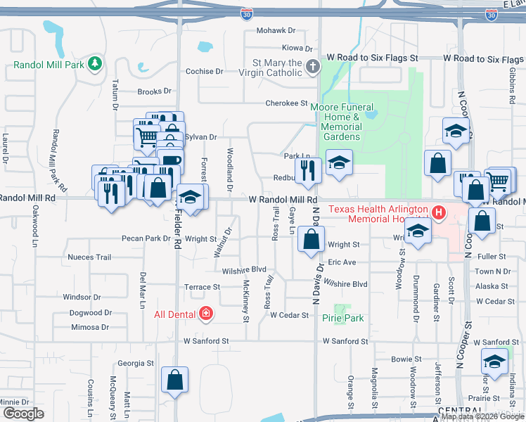 map of restaurants, bars, coffee shops, grocery stores, and more near 1017 Ridgewood Terrace in Arlington