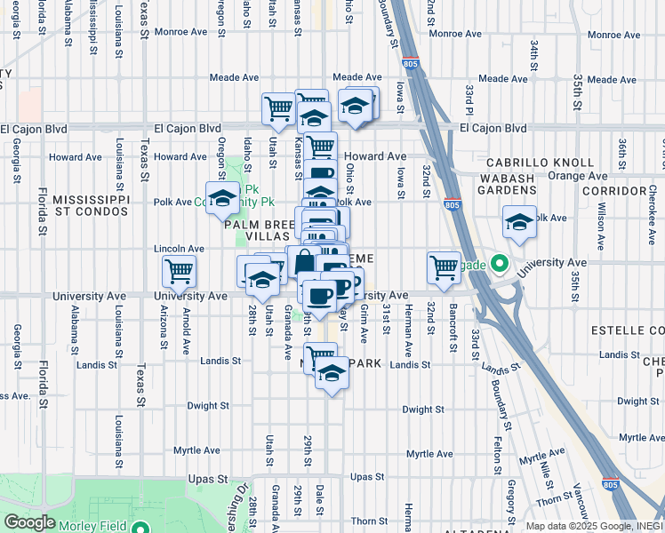 map of restaurants, bars, coffee shops, grocery stores, and more near 3957 30th Street in San Diego