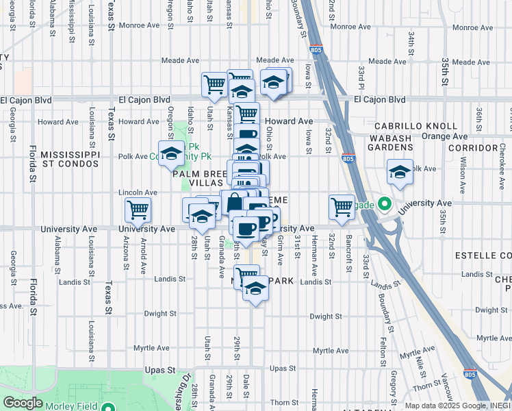 map of restaurants, bars, coffee shops, grocery stores, and more near 2922 University Avenue in San Diego