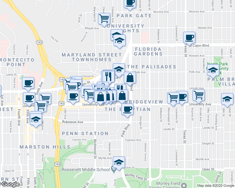 map of restaurants, bars, coffee shops, grocery stores, and more near 3930 Centre Street in San Diego