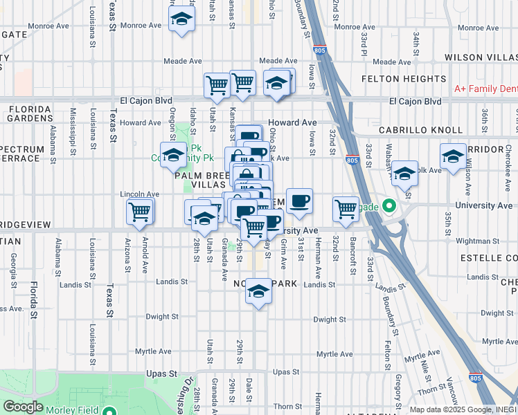 map of restaurants, bars, coffee shops, grocery stores, and more near in San Diego
