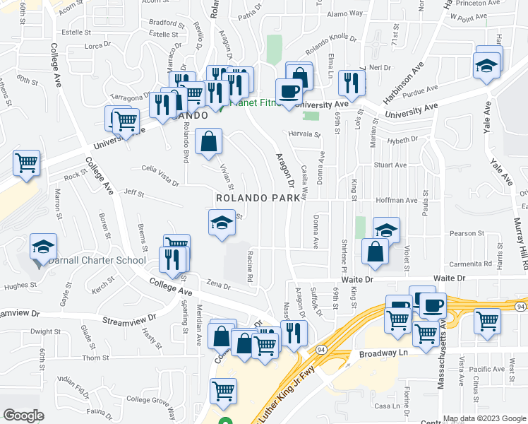 map of restaurants, bars, coffee shops, grocery stores, and more near 3965 Vista Grande Drive in San Diego