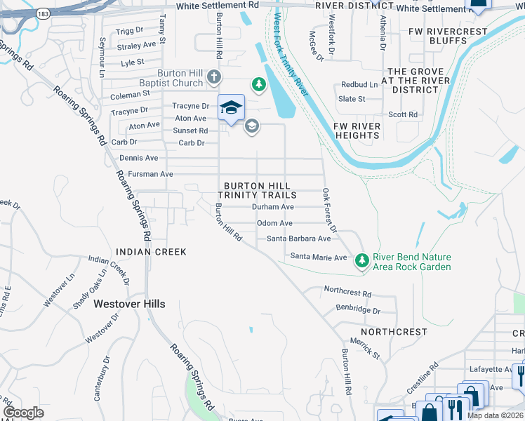 map of restaurants, bars, coffee shops, grocery stores, and more near 5525 Durham Avenue in Fort Worth