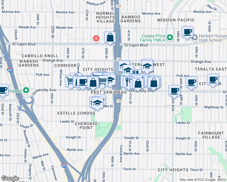 map of restaurants, bars, coffee shops, grocery stores, and more near 4001 University Avenue in San Diego