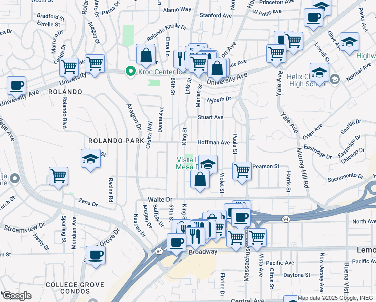 map of restaurants, bars, coffee shops, grocery stores, and more near 3981 King Street in La Mesa