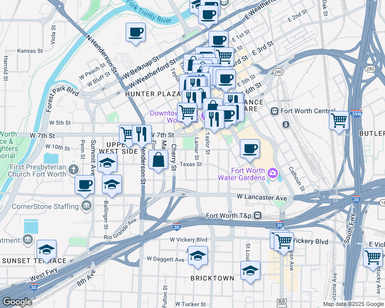 map of restaurants, bars, coffee shops, grocery stores, and more near 501 West 10th Street in Fort Worth