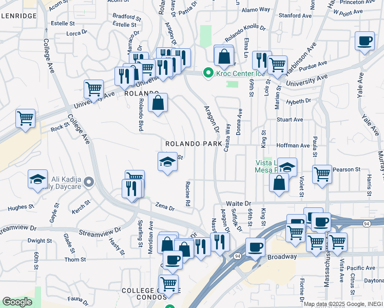 map of restaurants, bars, coffee shops, grocery stores, and more near 3960 Vista Grande Drive in San Diego