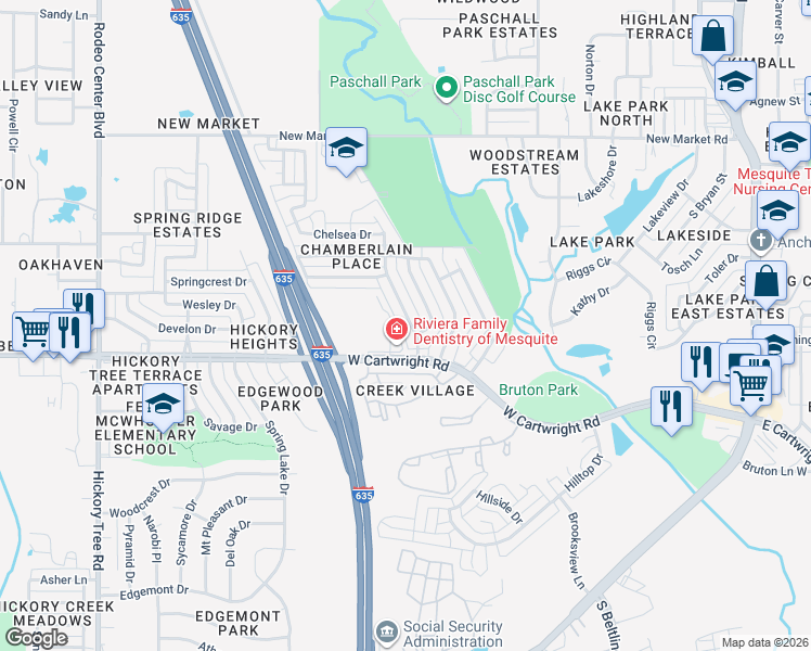 map of restaurants, bars, coffee shops, grocery stores, and more near 1505 Jessica Lane in Mesquite