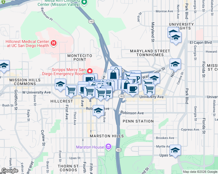 map of restaurants, bars, coffee shops, grocery stores, and more near 3935 7th Avenue in San Diego
