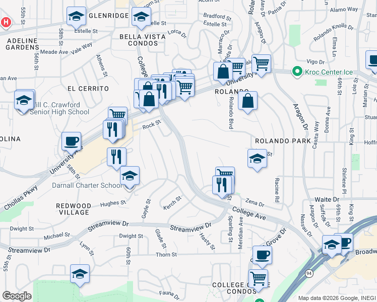 map of restaurants, bars, coffee shops, grocery stores, and more near 3844 Brems Street in San Diego
