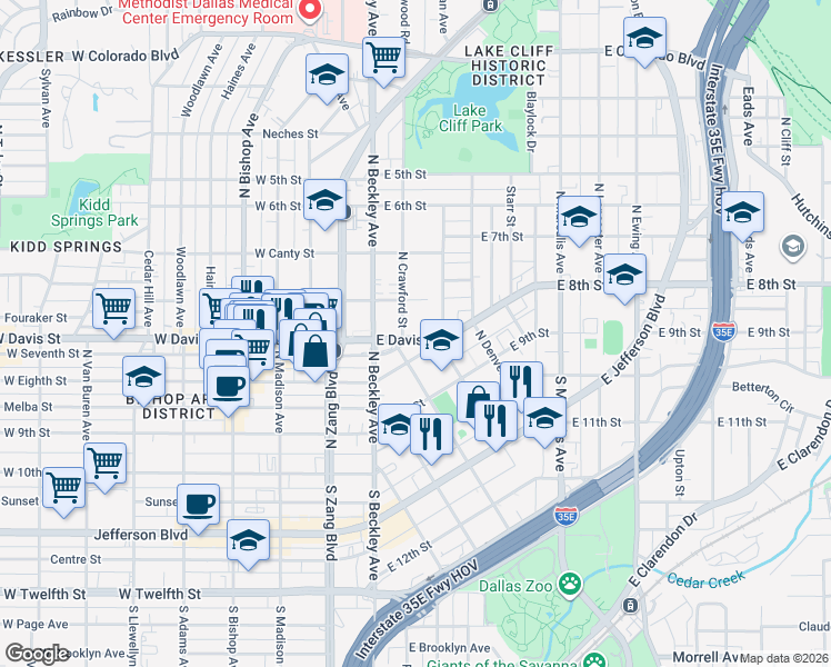 map of restaurants, bars, coffee shops, grocery stores, and more near 152 East Davis Street in Dallas