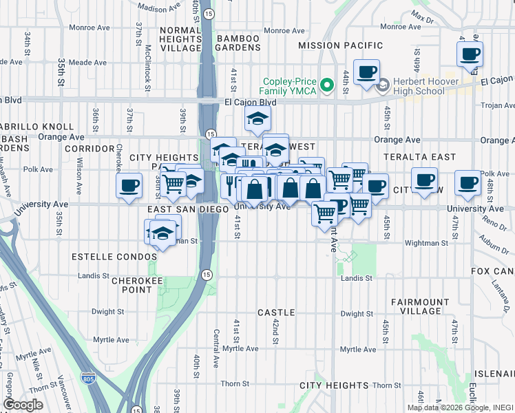 map of restaurants, bars, coffee shops, grocery stores, and more near in San Diego
