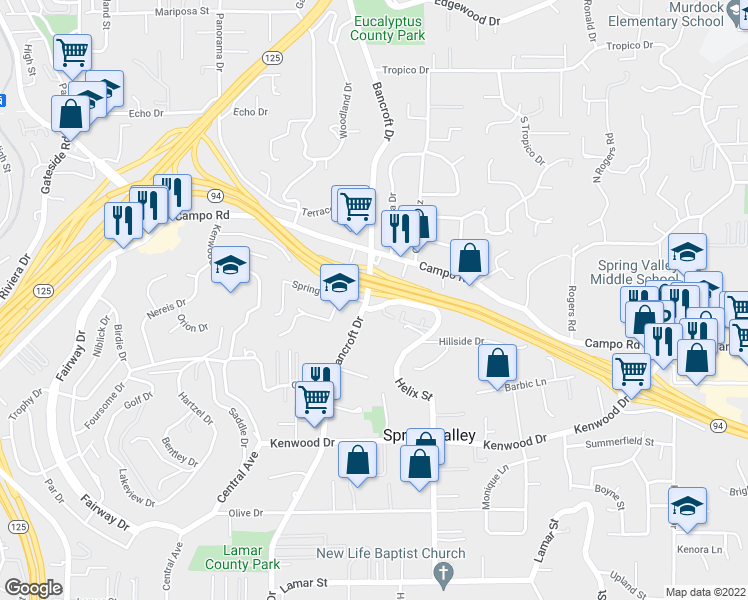 map of restaurants, bars, coffee shops, grocery stores, and more near 3875 Bancroft Drive in Spring Valley